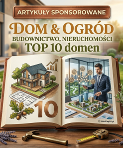 Profesjonalna miniatura produktowa SEOsklep24.pl dla pakietu 10 artykułów sponsorowanych w branży dom, ogród, budownictwo i nieruchomości. Grafika w stylu premium przedstawia otwartą księgę z modelem nowoczesnego domu, planami architektonicznymi oraz ekspertem analizującym sieć powiązań cyfrowych, co symbolizuje wysoką widoczność w Google i tematyczny link building.