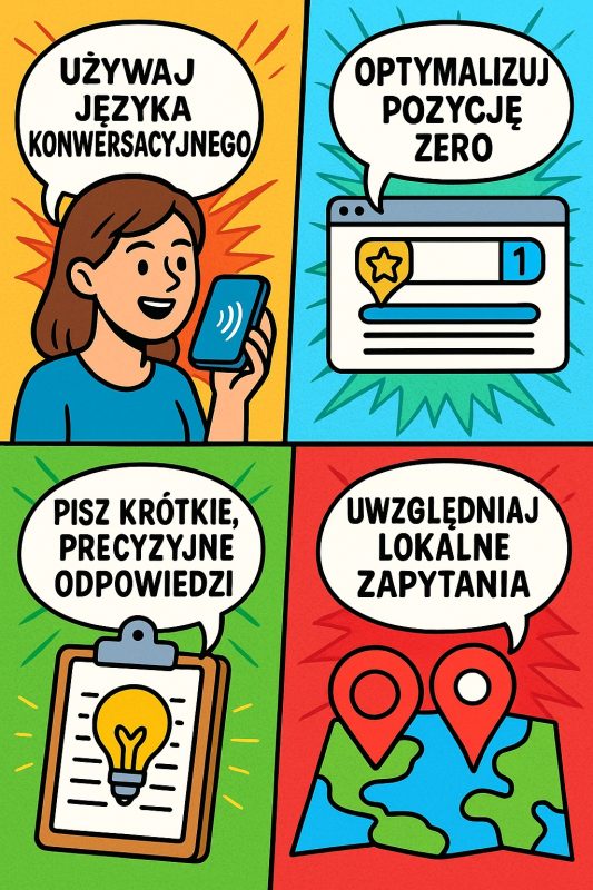 optymalizacja treści pod wyszukiwanie głosowe, język konwersacyjny, pozycja zero, krótkie odpowiedzi, lokalne zapytania