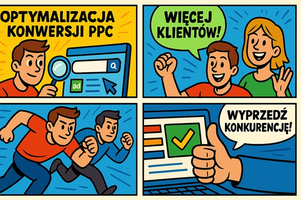 postacie w jasnych kolorach omawiające strategie reklamowe Google Ads