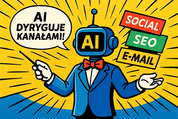 infografika przedstawiająca AI jako dyrygenta kanałów marketingowych