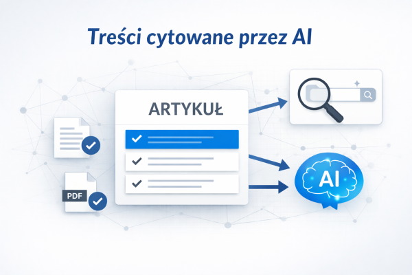 Ilustracja przedstawiająca artykuł zaprojektowany do cytowania przez AI, z wyraźną strukturą answer-first, oznaczonymi źródłami oraz połączeniem z wyszukiwarką i systemami sztucznej inteligencji.