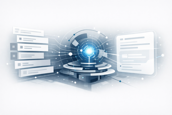 Grafika przedstawiająca selekcję informacji przez systemy AI w generatywnym wyszukiwaniu, symbolizująca GEO jako nowy model widoczności treści.