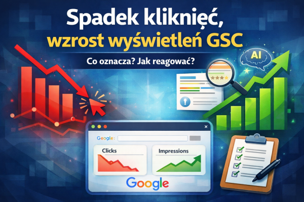 Ilustracja pokazująca spadek kliknięć i wzrost wyświetleń w Google Search Console, zmiany CTR oraz wpływ elementów SERP i AI Overviews