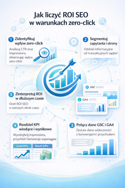 Infografika pokazująca jak liczyć ROI SEO w warunkach zero-click, z etapami analizy widoczności, łączenia danych GSC i GA4 oraz interpretacji wyników w czasie.