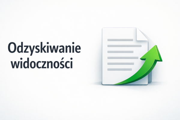 Grafika ilustrująca odzyskiwanie widoczności strony po Helpful Content Update, symbol poprawy jakości treści i wzrostu ruchu organicznego