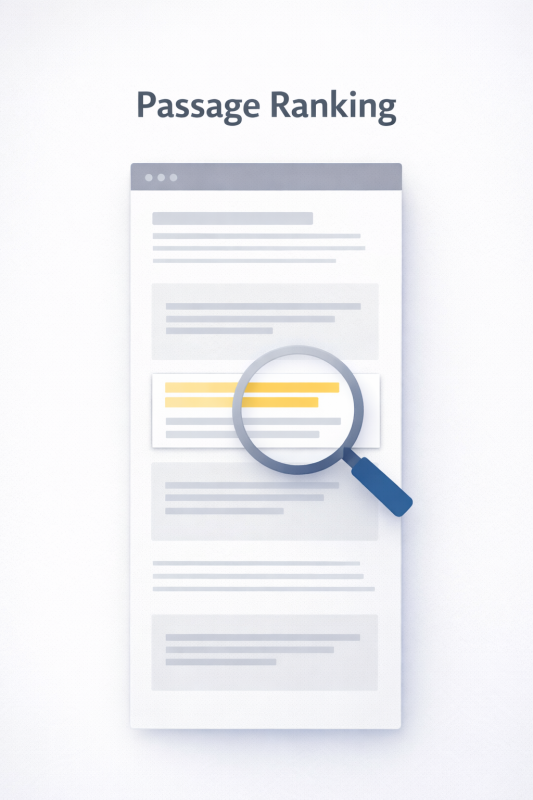 Infografika przedstawiająca mechanizm passage ranking w SEO — wyróżniony fragment treści analizowany przez wyszukiwarkę jako samodzielna odpowiedź na zapytanie.