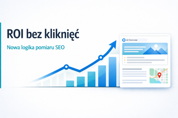 Minimalistyczna grafika przedstawiająca pomiar ROI SEO w warunkach zero-click, z wykresem wzrostu oraz wizualnym symbolem wyników wyszukiwania i AI Overviews.