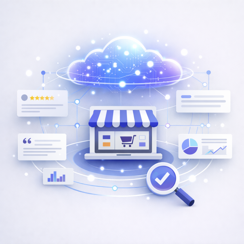 Infografika symbolizująca widoczność sklepu internetowego w AI, obejmującą obecność w odpowiedziach AI, cytowania oraz zero-click