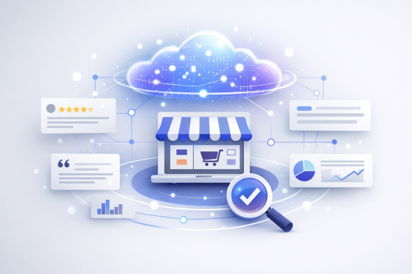 Grafika przedstawiająca widoczność sklepu internetowego w odpowiedziach AI i AI Overviews, symbolizująca cytowania, zero-click oraz analizę danych w wyszukiwarce