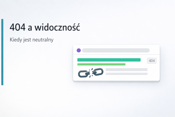 Minimalistyczna grafika pokazująca wpływ błędów 404 na widoczność w Google, z kartą wyniku wyszukiwania i symbolem zerwanego linku 404.