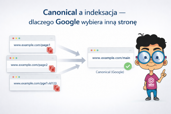 Schemat kanonizacji w Google Search Console pokazujący kilka zduplikowanych adresów URL konsolidowanych do jednej strony kanonicznej wybranej przez Google w procesie indeksacji.