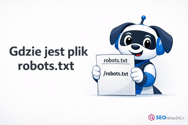 Ilustracja przedstawiająca maskotkę Hipek trzymającą dokument robots.txt, symbolizującą lokalizację pliku robots.txt w katalogu głównym domeny.