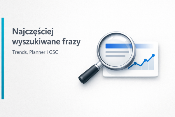 Minimalistyczna grafika z lupą na karcie z wykresem oraz nagłówkiem „Najczęściej wyszukiwane frazy” i podtytułem o Trends, Planner i GSC.