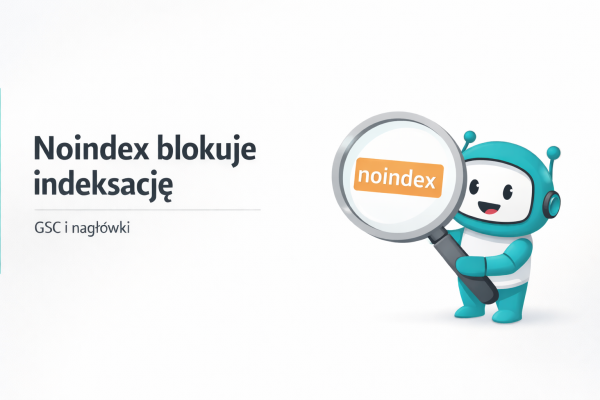 Grafika z nagłówkiem „Noindex blokuje indeksację”, maskotka Hipek z lupą i etykietą noindex na jasnym tle SEOsklep24.