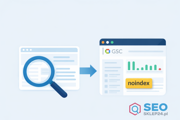 Grafika przedstawiająca proces sprawdzania, czy dyrektywa noindex blokuje indeksację strony w Google, z widokiem schematu strony internetowej i panelu Google Search Console.