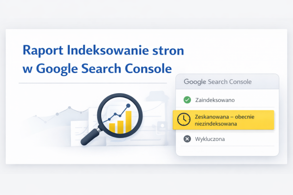 Grafika wyróżniająca z nagłówkiem „Raport Indeksowanie stron w Google Search Console”, przedstawiająca analizę statusów indeksacji i wykluczeń w Google Search Console.