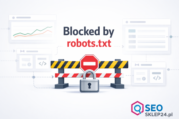 Grafika przedstawiająca techniczną blokadę dostępu robots.txt i status „Blocked by robots.txt” w kontekście indeksacji stron w Google Search Console