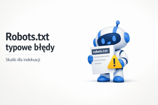 Grafika z Hipkiem trzymającym plik robots.txt i ikoną ostrzeżenia; nagłówek o typowych błędach robots.txt i skutkach dla indeksacji.