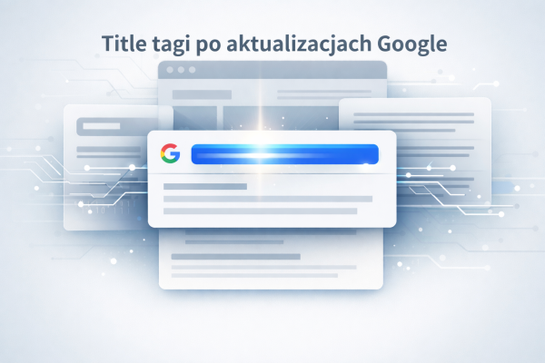 Ilustracja przedstawiająca mechanizm wyboru tytułu strony w wynikach wyszukiwania Google po aktualizacjach algorytmu, z wizualnym konfliktem źródeł title.
