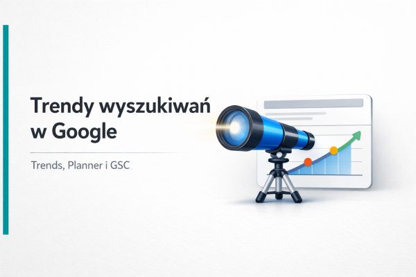 Grafika wyróżniająca o trendach wyszukiwań w Google z lupą i wykresem, w minimalistycznym stylu SEOsklep24.pl.