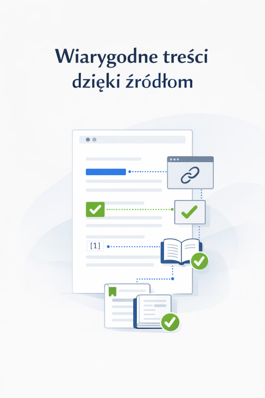 Infografika pokazująca wiarygodne treści dzięki oznaczaniu źródeł informacji w SEO i e-commerce, w minimalistycznym stylu