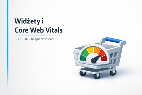Minimalistyczna grafika: widżet w sklepie online i metryki Core Web Vitals, symbol koszyka z miernikiem wydajności.