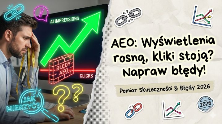 problemy z Answer Engine Optimization (AEO). Zestresowany analityk SEO patrzy na rosnące wyświetlenia AI przy braku kliknięć, z neonową barierą "BŁĘDY AEO" oraz pytaniem "JAK MIERZYĆ?". Nagłówek: "AEO: Wyświetlenia rosną, kliki stoją? Napraw błędy!". Rok 2026.