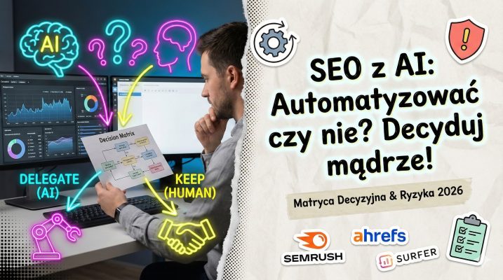 Przedstawia specjalistę SEO analizującego matrycę decyzyjną dotyczącą automatyzacji zadań z AI, z neonowymi schematami 'Delegate (AI)' i 'Keep (Human)'. Widoczne logo narzędzi Semrush, Ahrefs, Surfer oraz ikony ryzyk. Rok 2026.