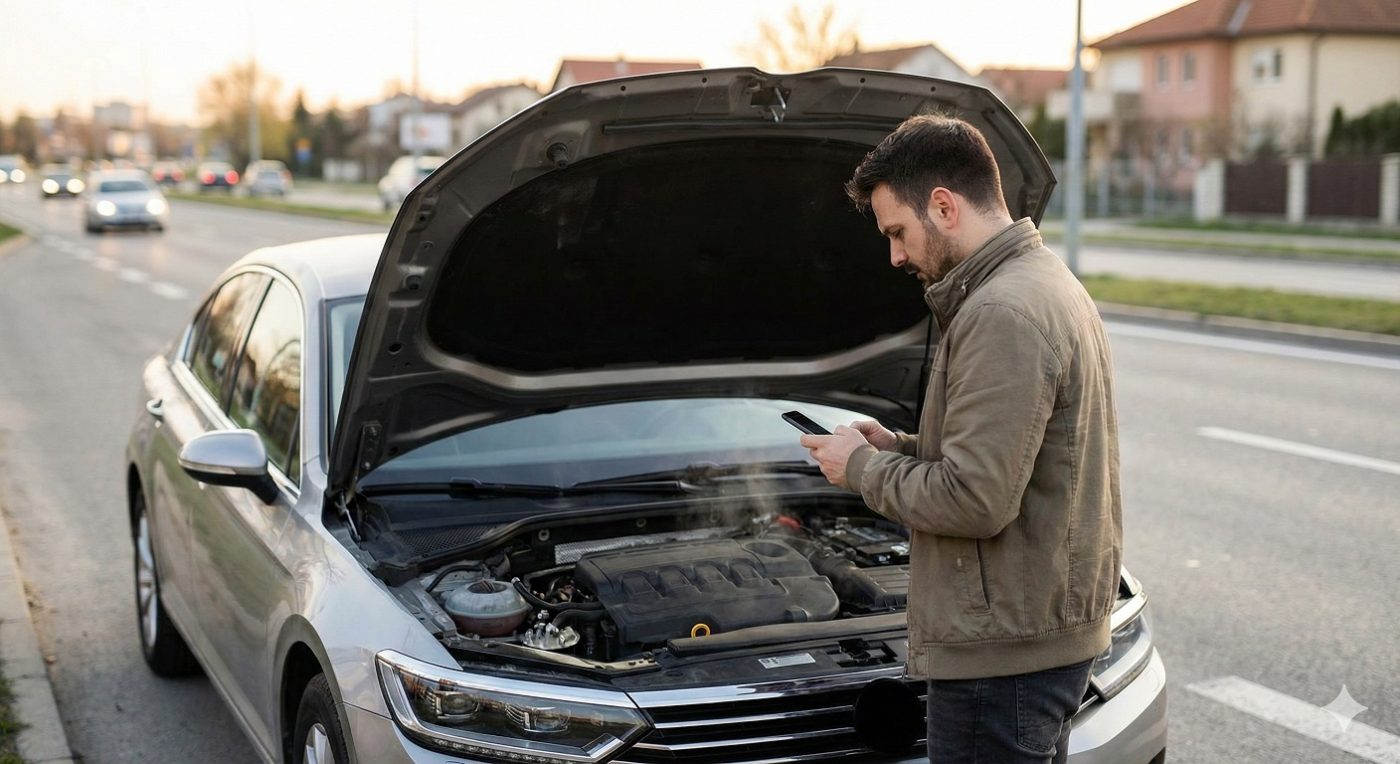 Kierowca stojący na poboczu przy samochodzie z dymiącym silnikiem, patrzący na ekran smartfona w poszukiwaniu pomocy drogowej lub warsztatu.