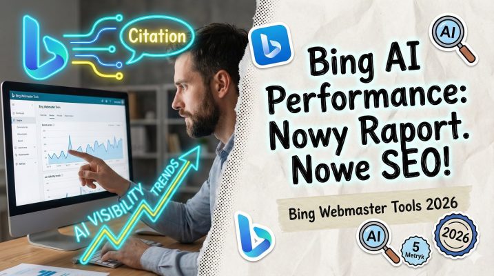 Grafika w stylu mixed media collage przedstawiająca raport AI Performance w Bing Webmaster Tools na rok 2026. Specjalista SEO analizuje cytowania AI, otoczony neonowymi wykresami trendów widoczności i logiem Bing.