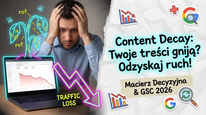 problem Content Decay. Zestresowany menedżer treści patrzy na spadający wykres ruchu, nad którym unosi się neonowa, więdnąca roślina symbolizująca "gnijące" treści.