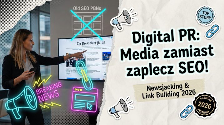 Digital PR i link buildingu. Przedstawia specjalistę wykorzystującego newsjacking do zdobywania linków z mediów, z neonowym megafonem i przekreślonym starym zapleczem SEO