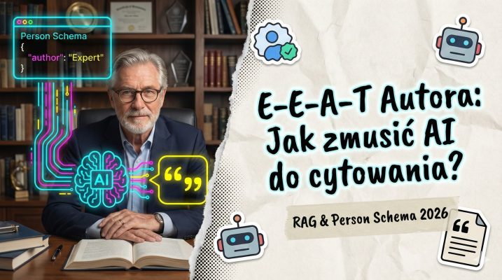 Grafika w stylu mixed media collage ilustrująca wpływ E-E-A-T autora na cytowania w AI. Realistyczne zdjęcie eksperta połączone neonowymi schematami danych (Person Schema) z cyfrowym mózgiem AI generującym cytat.