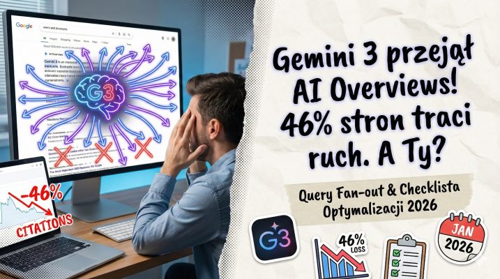 Gemini 3 w AI Overviews. Zszokowany specjalista SEO patrzy na spadki ruchu (46% utraty cytowań) spowodowane przez mechanizm query fan-out nowego modelu AI Google.