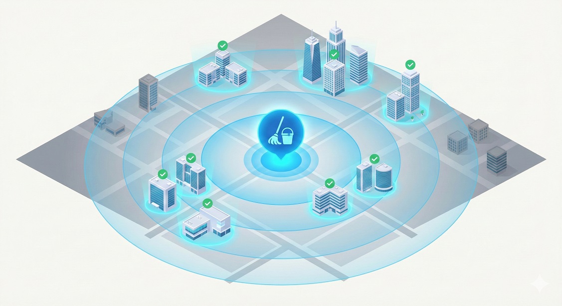 Ilustracja 3D-flat przedstawiająca sferę autorytetu geograficznego firmy sprzątającej w mapach Google, obejmującą kluczowe dzielnice biurowe.