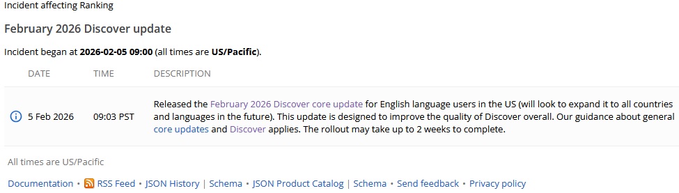 Zrzut ekranu Google Search Status Dashboard z 5 lutego 2026 roku: uruchomienie February 2026 Discover Core Update dla anglojęzycznych użytkowników w USA (09:03 PST), rollout do 2 tygodni, z planowaną ekspansją na wszystkie kraje i języki.