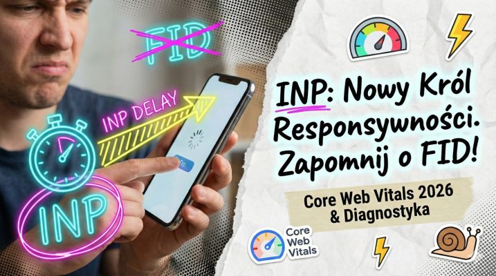 Grafika o metryce INP Core Web Vitals na rok 2026. Styl mixed media collage z niecierpliwym użytkownikiem smartfona, neonowymi oznaczeniami opóźnień (INP delay) i przekreślonym FID.