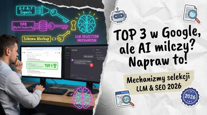 ilustrująca problem braku cytowań w AI mimo wysokich pozycji w Google. Neonowe schematy E-E-A-T, DAB i schema markup jako klucze do mechanizmów selekcji LLM.