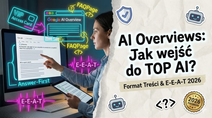 Strategia optymalizacji pod AI Overviews. Specjalista SEO analizuje format answer-first i sygnały E-E-A-T. Widoczne neonowe schematy: VIP Access Card do sekcji AI, FAQPage schema oraz nagłówek "AI Overviews: Jak wejść do TOP AI?". Rok 2026.