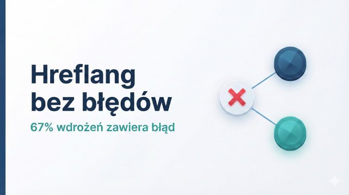 Grafika wyróżniająca artykułu o hreflang — schemat klastra węzłów z oznaczonym błędem implementacyjnym na jasnym tle w stylu editorial tech.