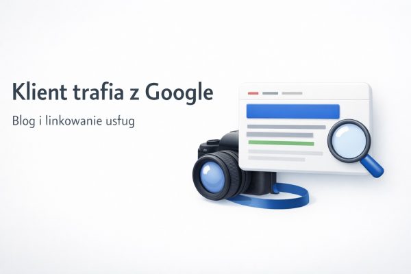 Minimalistyczna grafika o pozyskiwaniu klientów fotografa z bloga i SEO, z ikoną karty wyników wyszukiwania i lupą.