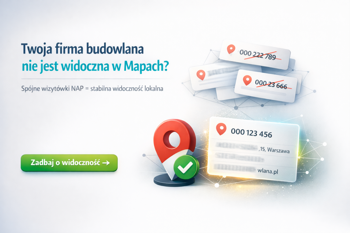 Minimalistyczna grafika promująca linkowanie wizytówek NAP dla firm budowlanych z motywem mapy, pinezki i sieci połączeń.