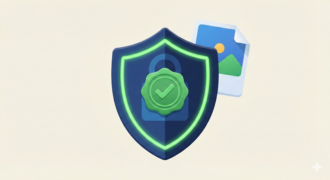 Minimalistyczna metafora wizualna 3D-flat przedstawiająca zabezpieczenie autentyczności zdjęć poprzez metadane IPTC i dane strukturalne ImageObject.