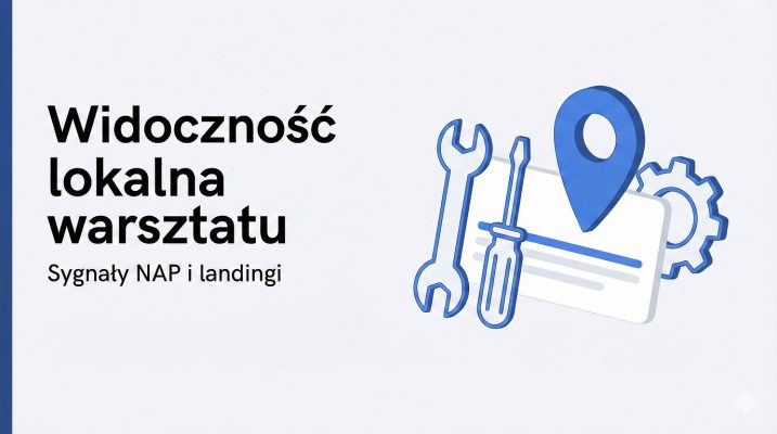 Minimalistyczna grafika wyróżniająca artykuł w stylu 3D flat. Po lewej stronie na jasnym tle znajduje się czarny nagłówek "Widoczność lokalna warsztatu" oraz podtytuł "Sygnały NAP i landingi". Z lewej krawędzi widoczny pionowy, niebieski pasek. Po prawej stronie umieszczono grupę niebieskich ikon symbolizujących warsztat (klucz płaski, śrubokręt, zębatka) zintegrowanych z kartą wyników wyszukiwania i dużą pinezką lokalizacyjną.
