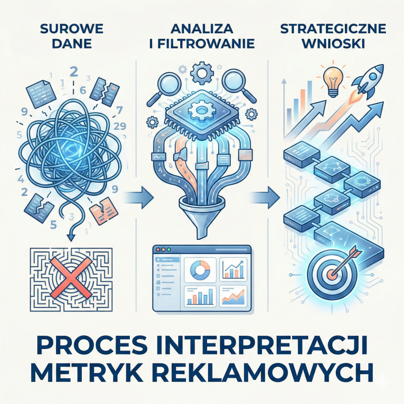 Trzyetapowa infografika wizualizująca proces interpretacji metryk reklamowych. Po lewej sekcja 'Surowe dane' przedstawiona jako chaos, poplątane kable i labirynt ze znakiem X. Pośrodku sekcja 'Analiza i filtrowanie' pokazująca procesor, lejek i dashboard analityczny porządkujący dane. Po prawej sekcja 'Strategiczne wnioski' jako uporządkowana ścieżka bloków danych prowadząca do celu, żarówki i rakiety symbolizującej wzrost.