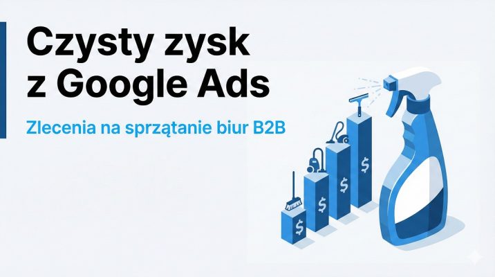 Profesjonalna grafika biznesowa przedstawiająca system reklamy firmy sprzątającej w Google Ads jako precyzyjny lejek pozyskiwania leadów B2B, z napisem „Reklamy, które zarabiają”.