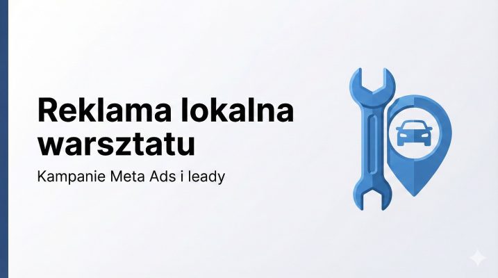 Minimalistyczna grafika wyróżniająca artykuł w stylu 3D flat. Po lewej stronie na jasnym tle znajduje się czarny nagłówek "Reklama lokalna warsztatu" oraz podtytuł "Kampanie Meta Ads i leady". Z lewej krawędzi widoczny pionowy, niebieski pasek. Po prawej stronie umieszczono niebieski klucz płaski warsztatowy zintegrowany z symbolem tarczy/pinu lokalizacji, wewnątrz którego znajduje się sylwetka samochodu.