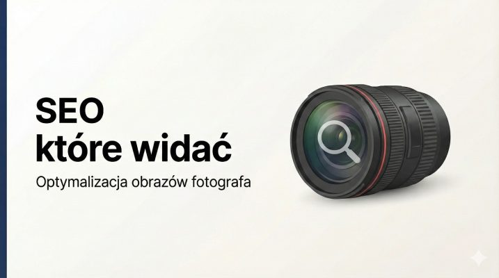 Minimalistyczna grafika o SEO obrazów dla fotografa, przedstawiająca obiektyw aparatu połączony z ikoną wyszukiwania.