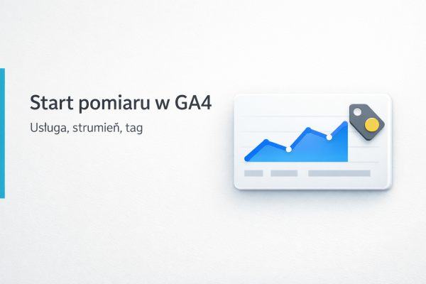 Minimalistyczna grafika: Start pomiaru w GA4, karta analityki z wykresem po prawej, jasne tło i pionowy pasek akcentowy.