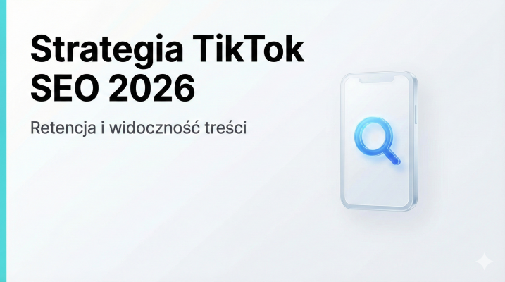 Minimalistyczna grafika prezentująca strategię TikTok SEO 2026 z ikoną smartfona i lupy na jasnym, czystym tle.